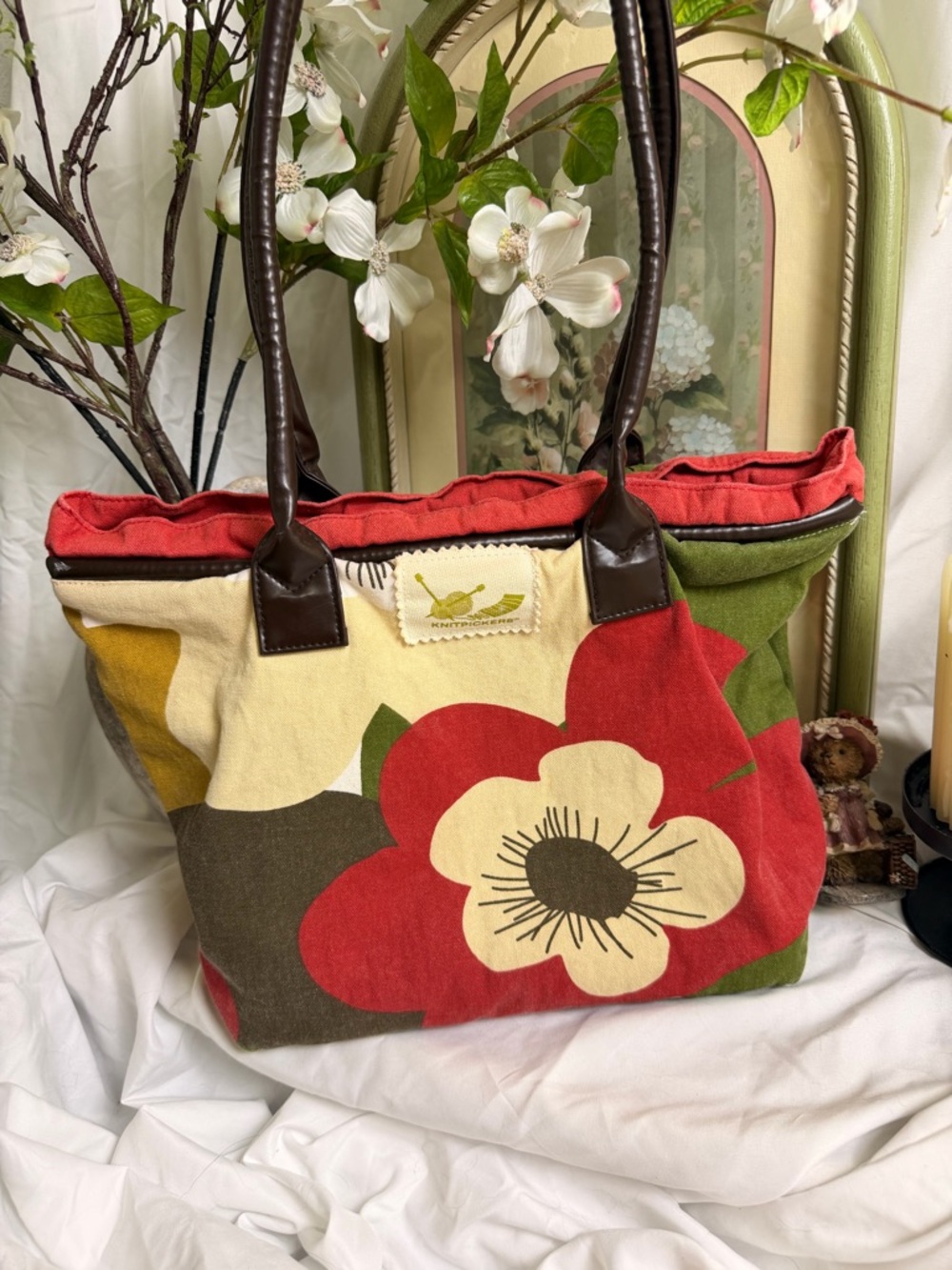 Knitting Bag - Canvas Floral Tote Bag in Red, Green & Cream with Brown Handles